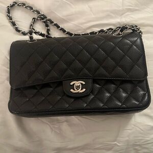 Chanel classic flap, black caviar leather with silver hardware